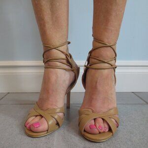 NIB GOLD and ROUGE Tan Leather Ankle Tie High Heel Sandals